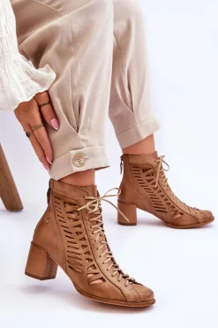 Outlet Skórzane Ażurowe Botki 05508-10 Ciemnobeżowe Damskie Botki Wiosenne|Botki Maciejka