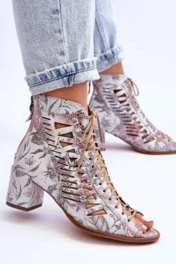 Hot Skórzane Ażurowe Botki 04040-11 Białe Damskie Botki Wiosenne|Botki Maciejka