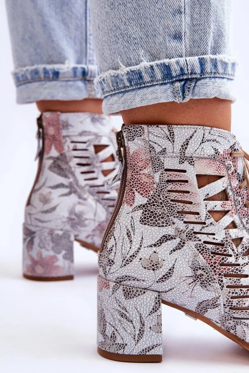 Hot Skórzane Ażurowe Botki 04040-11 Białe Damskie Botki Wiosenne|Botki Maciejka