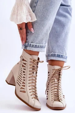 Botki Wiosenne|Botki Maciejka>Maciejka Skórzane Ażurowe Botki 05508-22 Jasnobeżowe
