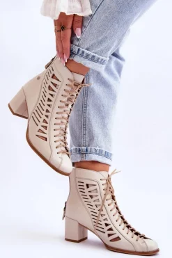 Botki Wiosenne|Botki Maciejka>Maciejka Skórzane Ażurowe Botki 05508-22 Jasnobeżowe