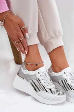 Discount Damskie buty S.Barski Skórzane Ażurowe Buty Sportowe Sneakersy Na Koturnie S.Barski LR51-641 Białe