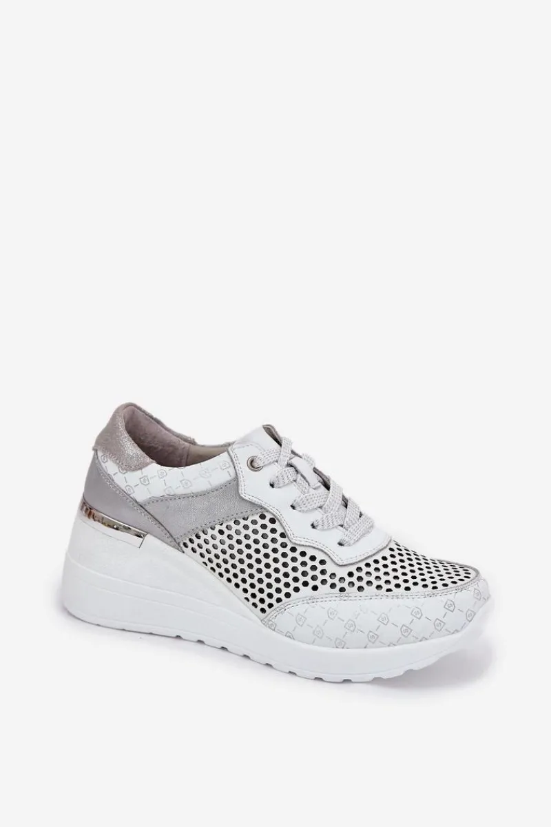 Discount Damskie buty S.Barski Skórzane Ażurowe Buty Sportowe Sneakersy Na Koturnie S.Barski LR51-641 Białe