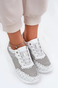 Discount Damskie buty S.Barski Skórzane Ażurowe Buty Sportowe Sneakersy Na Koturnie S.Barski LR51-641 Białe