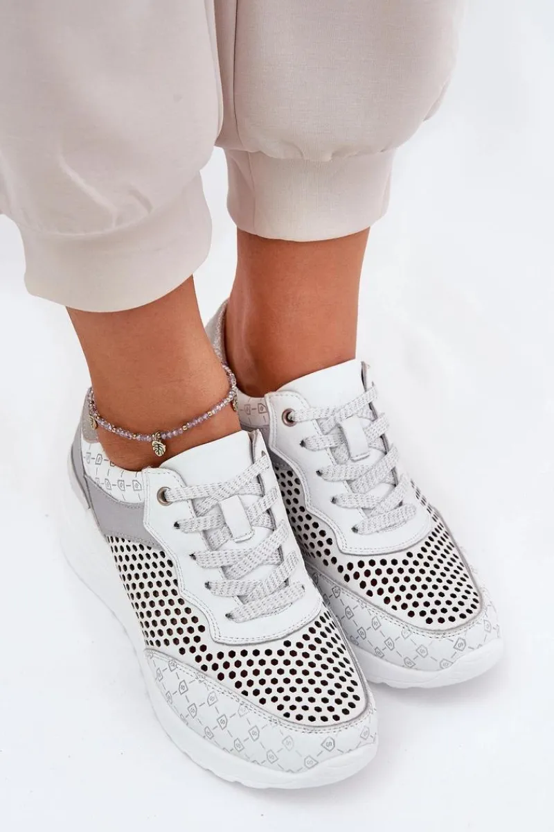 Discount Damskie buty S.Barski Skórzane Ażurowe Buty Sportowe Sneakersy Na Koturnie S.Barski LR51-641 Białe