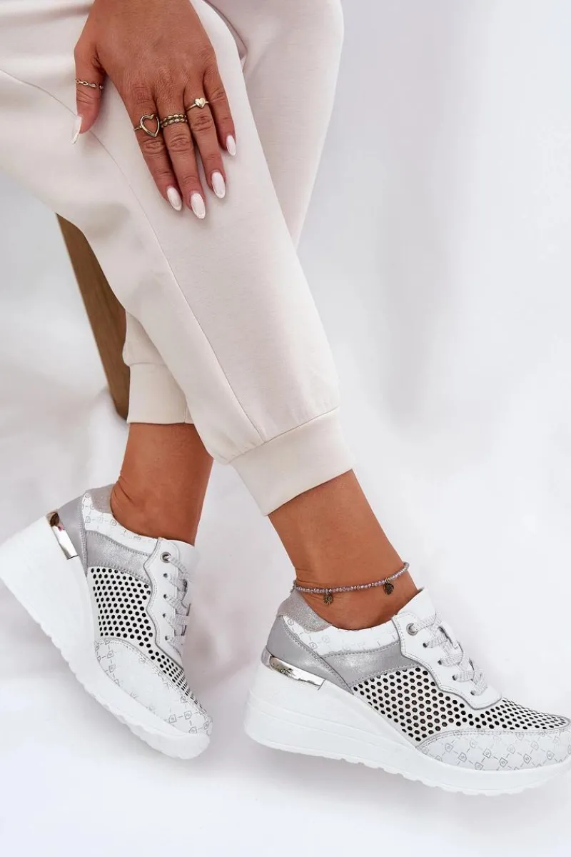 Discount Damskie buty S.Barski Skórzane Ażurowe Buty Sportowe Sneakersy Na Koturnie S.Barski LR51-641 Białe