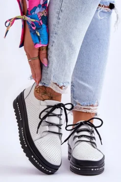 Discount Skórzane Ażurowe Buty Sportowe Białe Leonor Damskie Sneakersy Damskie