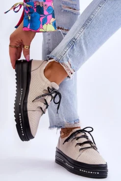 New Damskie buty S.Barski Skórzane Ażurowe Buty Sportowe Beżowe Leonor