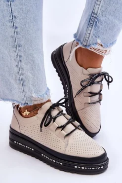 New Damskie buty S.Barski Skórzane Ażurowe Buty Sportowe Beżowe Leonor