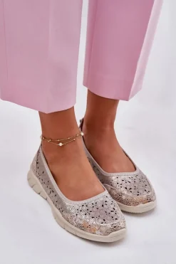 New Skórzane Ażurowe Lekkie Baleriny Złote Leaneila Damskie Baleriny Skórzane|Baleriny Klasyczne