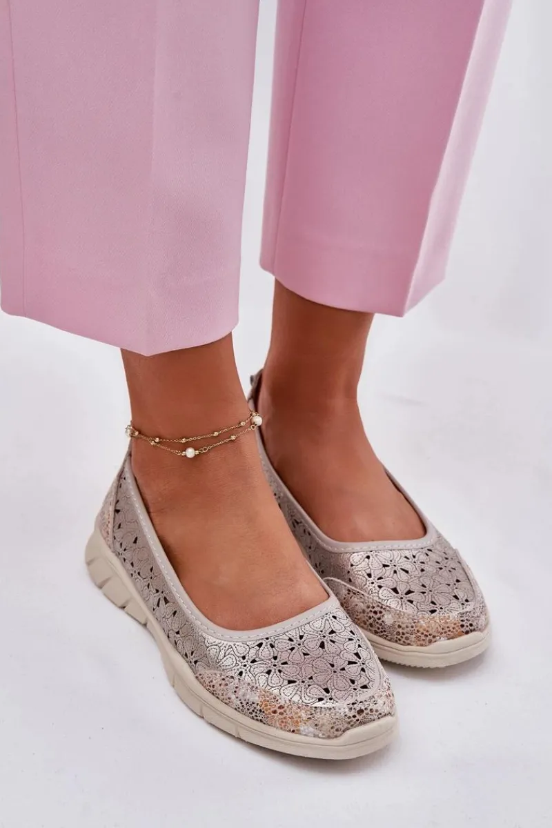 New Skórzane Ażurowe Lekkie Baleriny Złote Leaneila Damskie Baleriny Skórzane|Baleriny Klasyczne