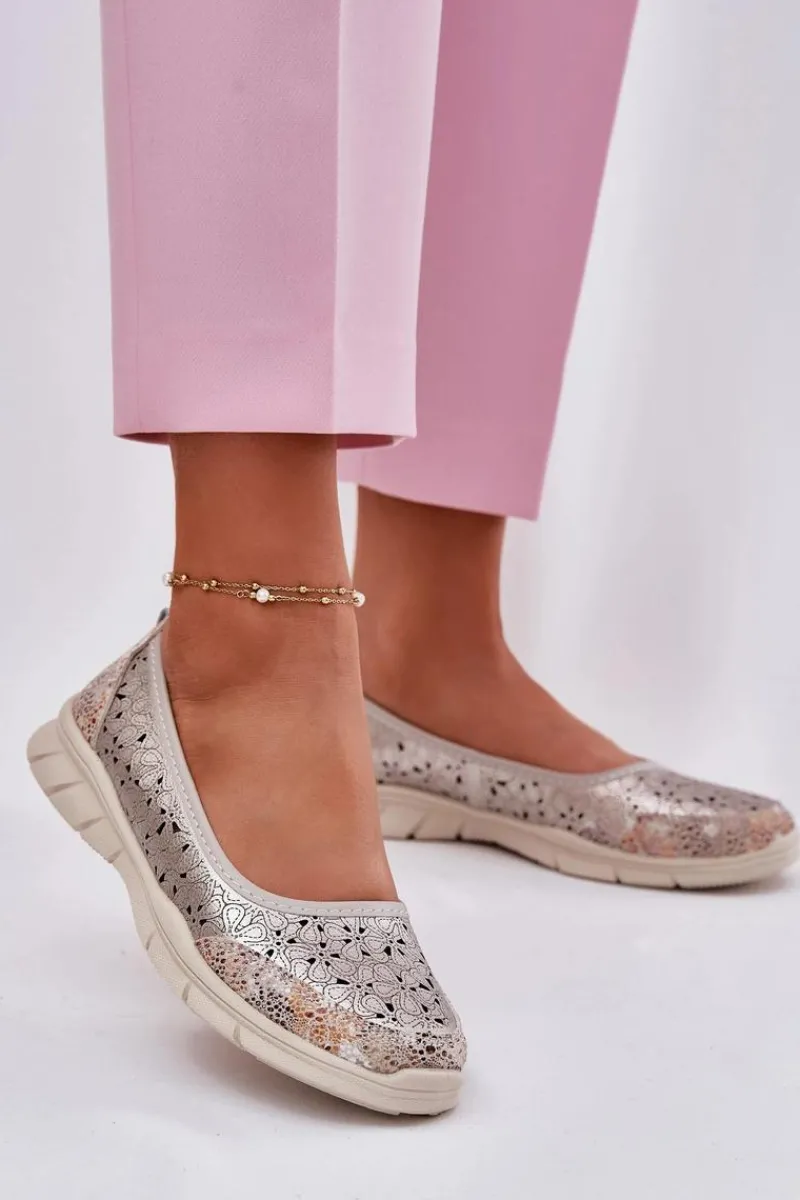 New Skórzane Ażurowe Lekkie Baleriny Złote Leaneila Damskie Baleriny Skórzane|Baleriny Klasyczne