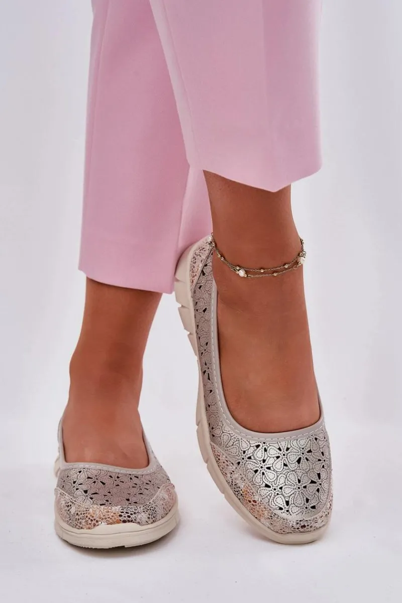 New Skórzane Ażurowe Lekkie Baleriny Złote Leaneila Damskie Baleriny Skórzane|Baleriny Klasyczne