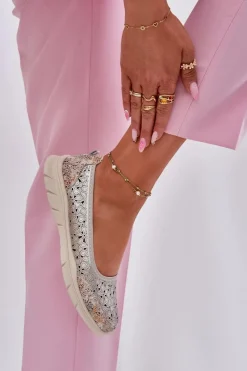 New Skórzane Ażurowe Lekkie Baleriny Złote Leaneila Damskie Baleriny Skórzane|Baleriny Klasyczne