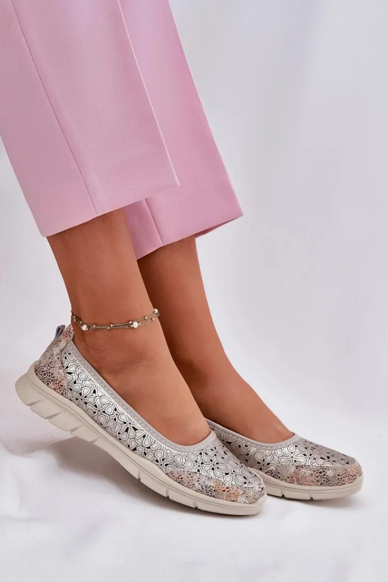 New Skórzane Ażurowe Lekkie Baleriny Złote Leaneila Damskie Baleriny Skórzane|Baleriny Klasyczne