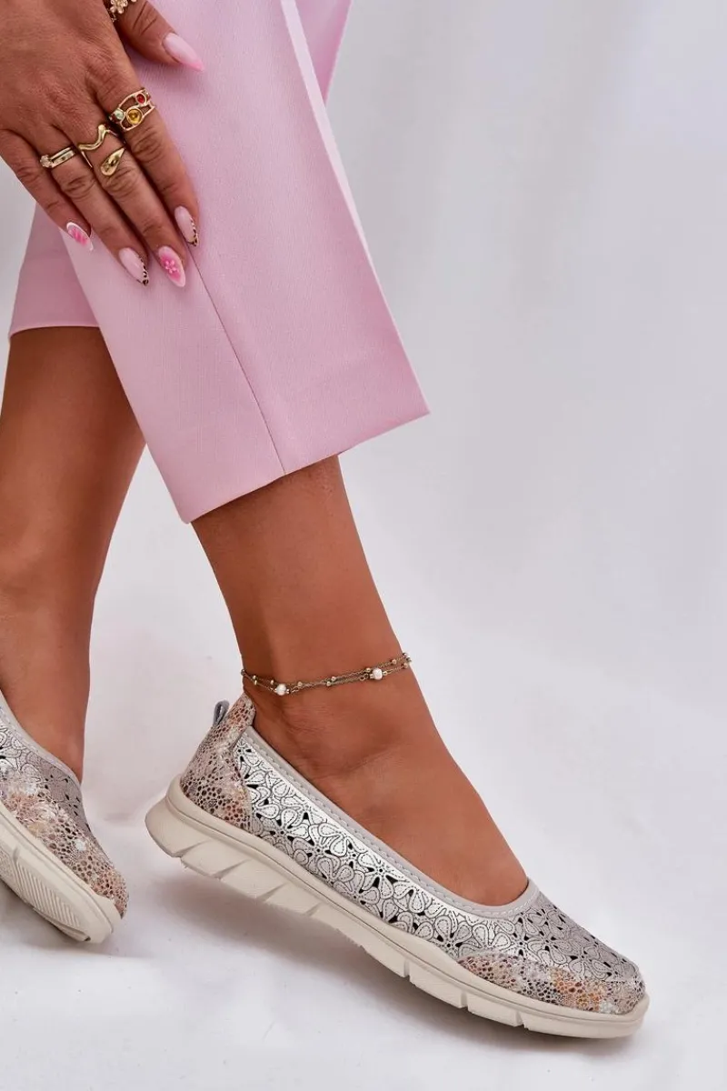 New Skórzane Ażurowe Lekkie Baleriny Złote Leaneila Damskie Baleriny Skórzane|Baleriny Klasyczne