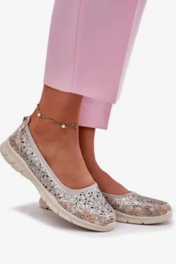 New Skórzane Ażurowe Lekkie Baleriny Złote Leaneila Damskie Baleriny Skórzane|Baleriny Klasyczne