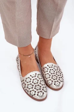 Damskie buty S.Barski Skórzane Ażurowe Mokasyny Damskie S.Barski LR51-646 Złote