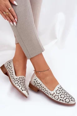 Damskie buty S.Barski Skórzane Ażurowe Mokasyny Damskie S.Barski LR51-646 Złote