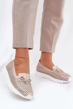 Damskie buty S.Barski Skórzane Ażurowe Półbuty Damskie Z Naturalnej Skóry D&A LR51-631 Złote Złoty