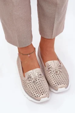 Damskie buty S.Barski Skórzane Ażurowe Półbuty Damskie Z Naturalnej Skóry D&A LR51-631 Złote Złoty