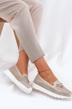 Damskie buty S.Barski Skórzane Ażurowe Półbuty Damskie Z Naturalnej Skóry D&A LR51-631 Złote Złoty