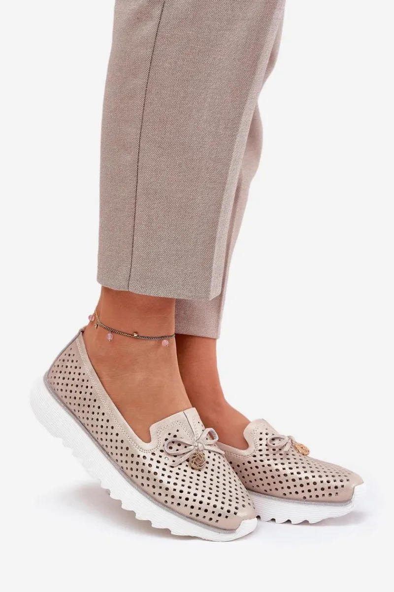 Damskie buty S.Barski Skórzane Ażurowe Półbuty Damskie Z Naturalnej Skóry D&A LR51-631 Złote Złoty