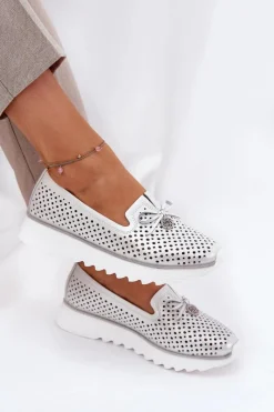 Półbuty Skórzane>Damskie buty S.Barski Skórzane Ażurowe Półbuty Damskie Z Naturalnej Skóry D&A LR51-631 Srebrne Srebrny
