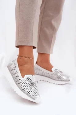 Półbuty Skórzane>Damskie buty S.Barski Skórzane Ażurowe Półbuty Damskie Z Naturalnej Skóry D&A LR51-631 Srebrne Srebrny