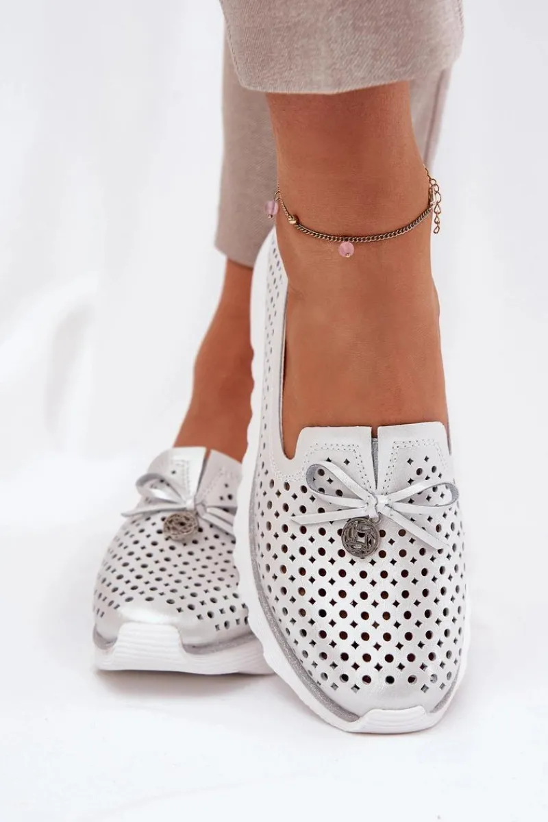 Półbuty Skórzane>Damskie buty S.Barski Skórzane Ażurowe Półbuty Damskie Z Naturalnej Skóry D&A LR51-631 Srebrne Srebrny