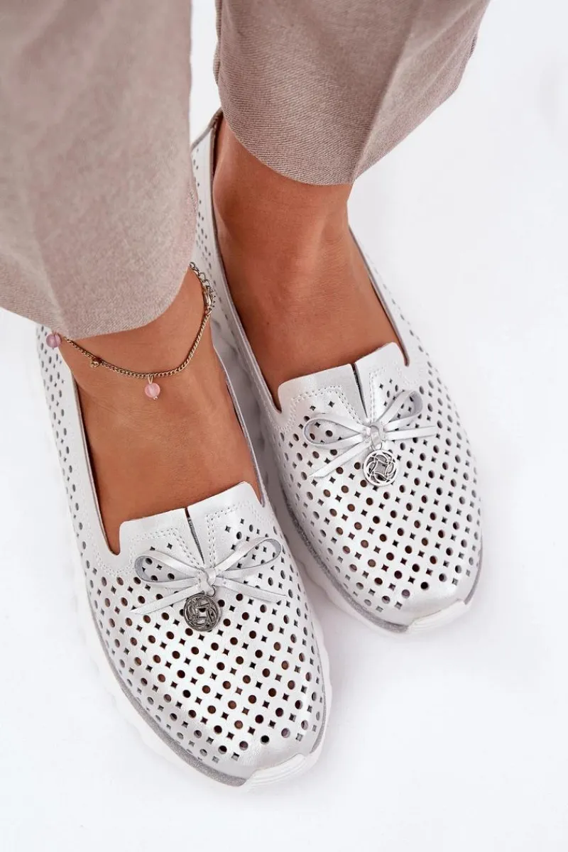 Półbuty Skórzane>Damskie buty S.Barski Skórzane Ażurowe Półbuty Damskie Z Naturalnej Skóry D&A LR51-631 Srebrne Srebrny