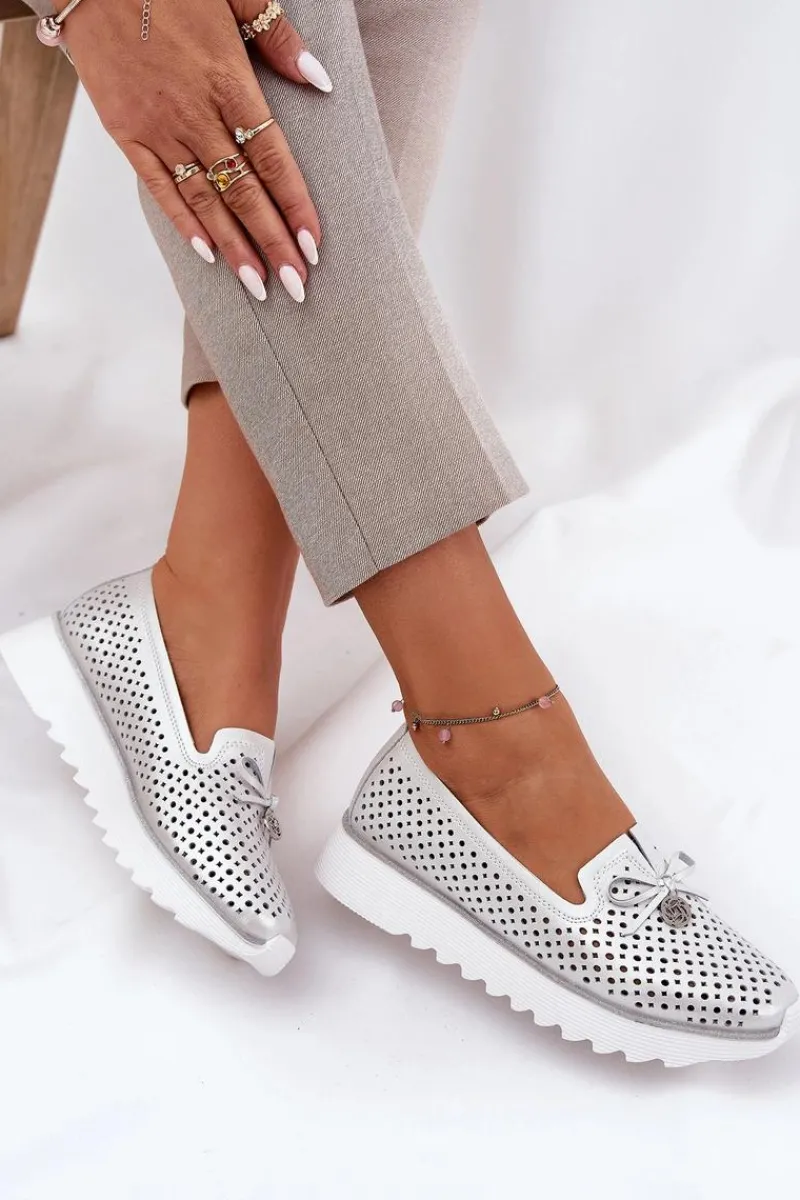 Półbuty Skórzane>Damskie buty S.Barski Skórzane Ażurowe Półbuty Damskie Z Naturalnej Skóry D&A LR51-631 Srebrne Srebrny