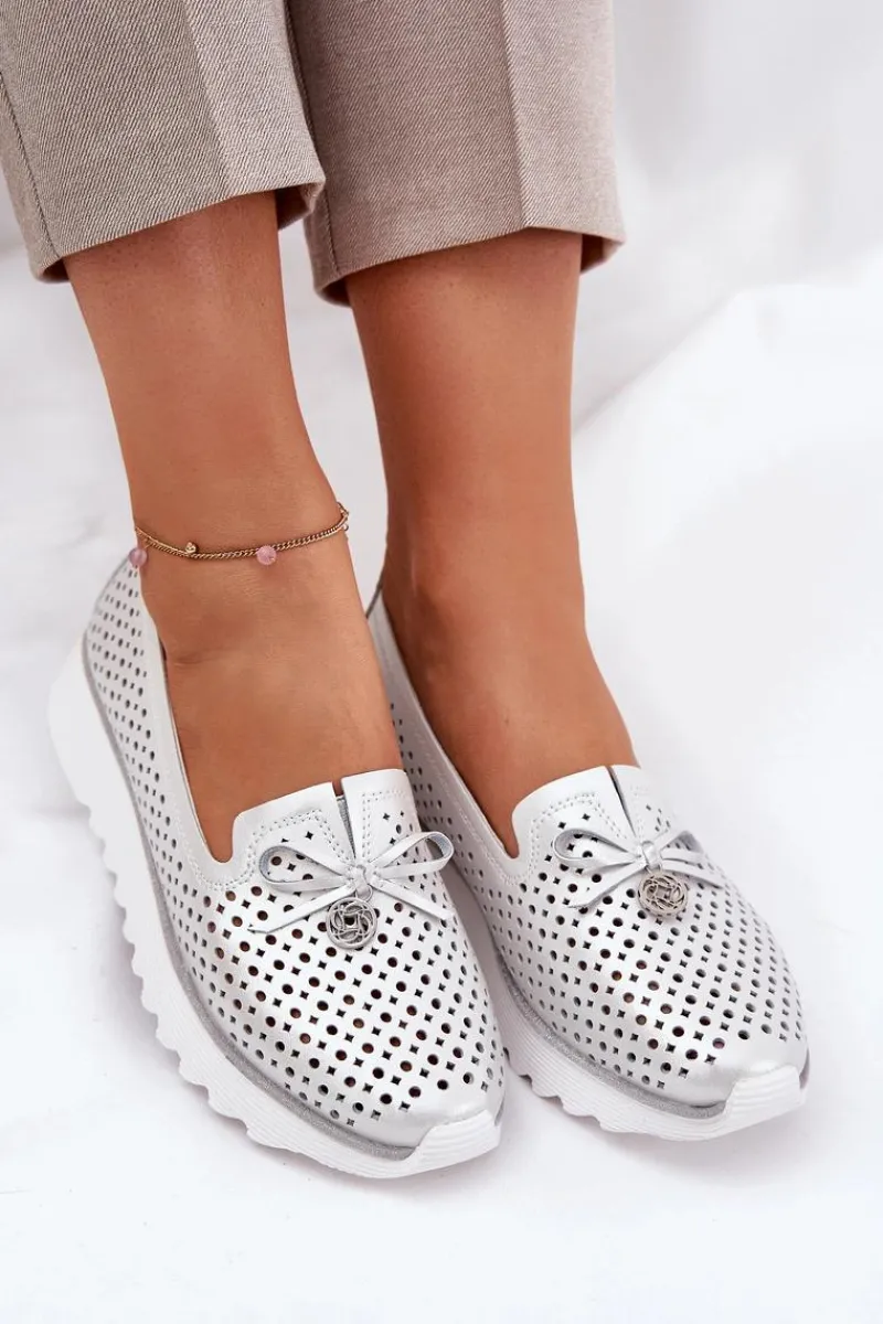 Półbuty Skórzane>Damskie buty S.Barski Skórzane Ażurowe Półbuty Damskie Z Naturalnej Skóry D&A LR51-631 Srebrne Srebrny