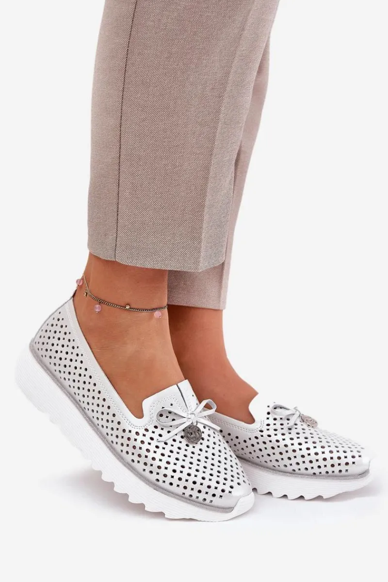 Półbuty Skórzane>Damskie buty S.Barski Skórzane Ażurowe Półbuty Damskie Z Naturalnej Skóry D&A LR51-631 Srebrne Srebrny