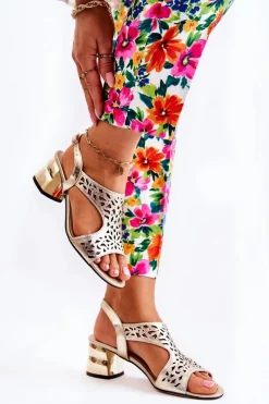 Discount Boto Skórzane Ażurowe Sandałki Na Obcasie Złote Salvio