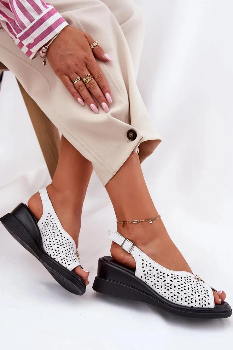 Best Buty damskie Vinceza Skórzane Ażurowe Sandały Damskie Na Koturnie Vinceza 79529 Białe Biały