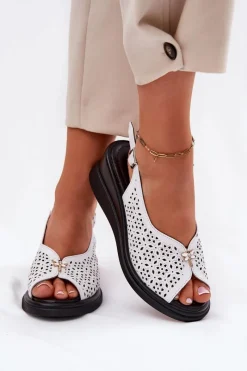 Best Buty damskie Vinceza Skórzane Ażurowe Sandały Damskie Na Koturnie Vinceza 79529 Białe Biały