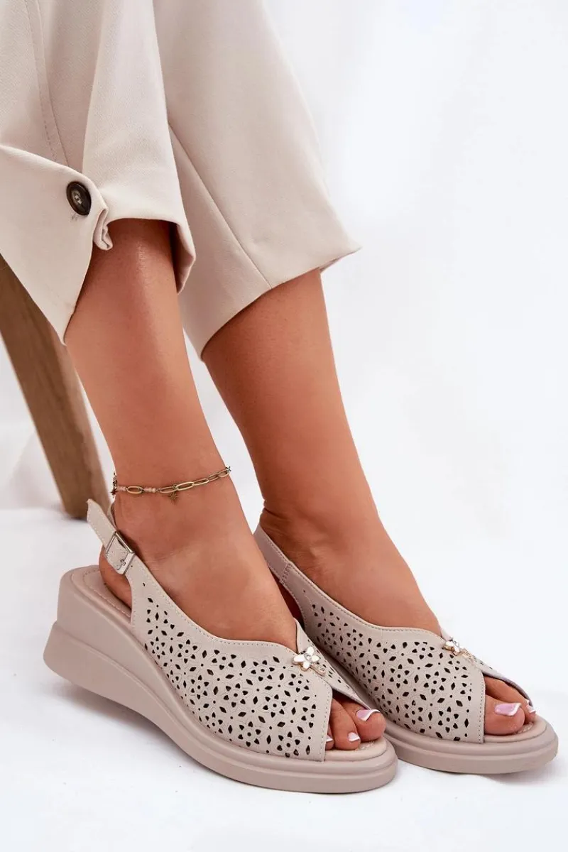 Sandały Na Koturnie>Buty damskie Vinceza Skórzane Ażurowe Sandały Damskie Na Koturnie Vinceza 79529 Beżowe Beżowy