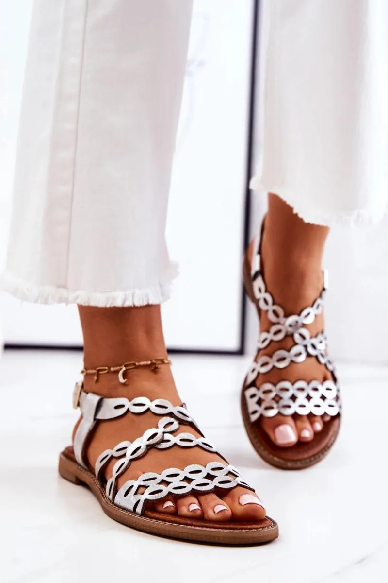 Sandały Ażurowe|Sandały Płaskie>Boto Skórzane Ażurowe Sandały Lewski 3022 Srebrne