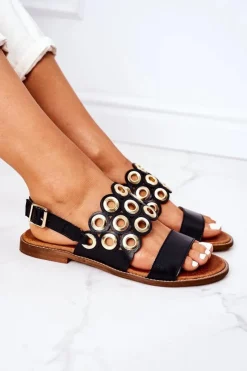 Sandały Ażurowe|Sandały Płaskie>Boto Skórzane Ażurowe Sandały Lewski Shoes 3042 Czarne
