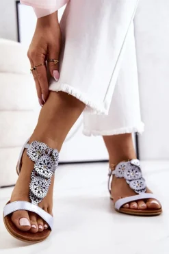 New Skórzane Ażurowe Sandały Lewski Perłowe 3049 Niebieskie Damskie Sandały Ażurowe|Sandały Płaskie