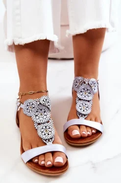 New Skórzane Ażurowe Sandały Lewski Perłowe 3049 Niebieskie Damskie Sandały Ażurowe|Sandały Płaskie