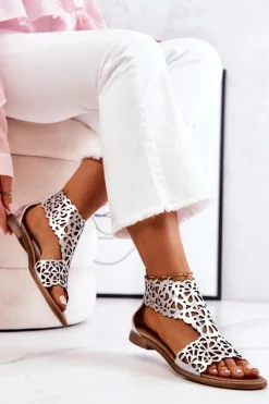 Outlet Boto Skórzane Ażurowe Sandały Lewski 2699/2 Srebrne