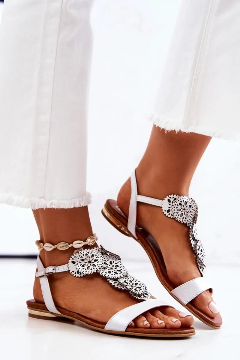 New Boto Skórzane Ażurowe Sandały Lewski Perłowe 3049 Białe