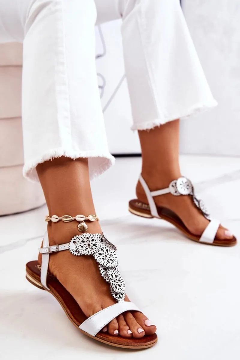 New Boto Skórzane Ażurowe Sandały Lewski Perłowe 3049 Białe