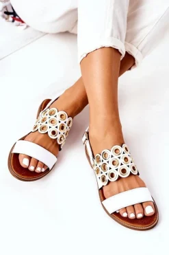 Best Skórzane Ażurowe Sandały Lewski Shoes 3042 Białe Damskie Sandały Ażurowe|Sandały Płaskie