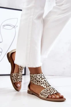 Sale Skórzane Ażurowe Sandały Lewski 2699/2 Złote Damskie Sandały Ażurowe|Sandały Płaskie