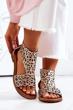 Sale Skórzane Ażurowe Sandały Lewski 2699/2 Złote Damskie Sandały Ażurowe|Sandały Płaskie
