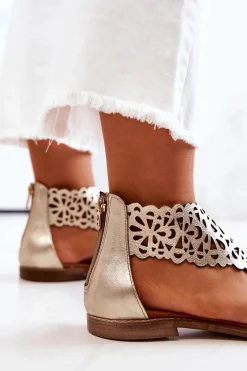 Sale Skórzane Ażurowe Sandały Lewski 2699/2 Złote Damskie Sandały Ażurowe|Sandały Płaskie