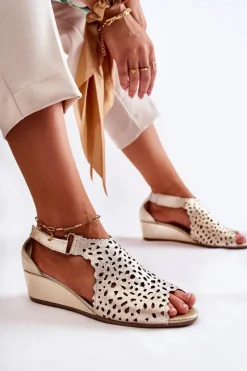 Sandały Ażurowe|Sandały Na Koturnie>Boto Skórzane Ażurowe Sandały Na Koturnie Złote Sellena